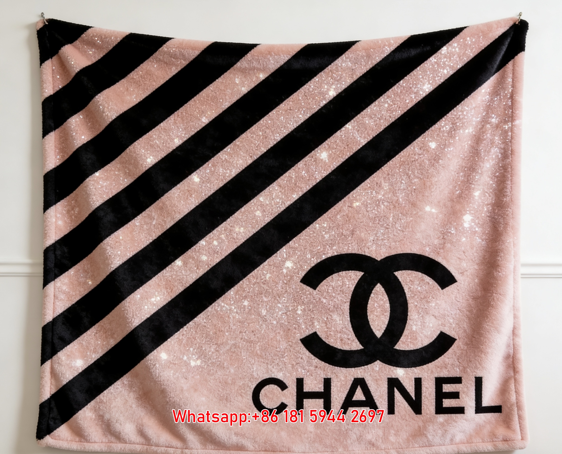 Chanel Rose Gold Glitter Stripe Flannel Sofa Throw Blanket IMG_7256